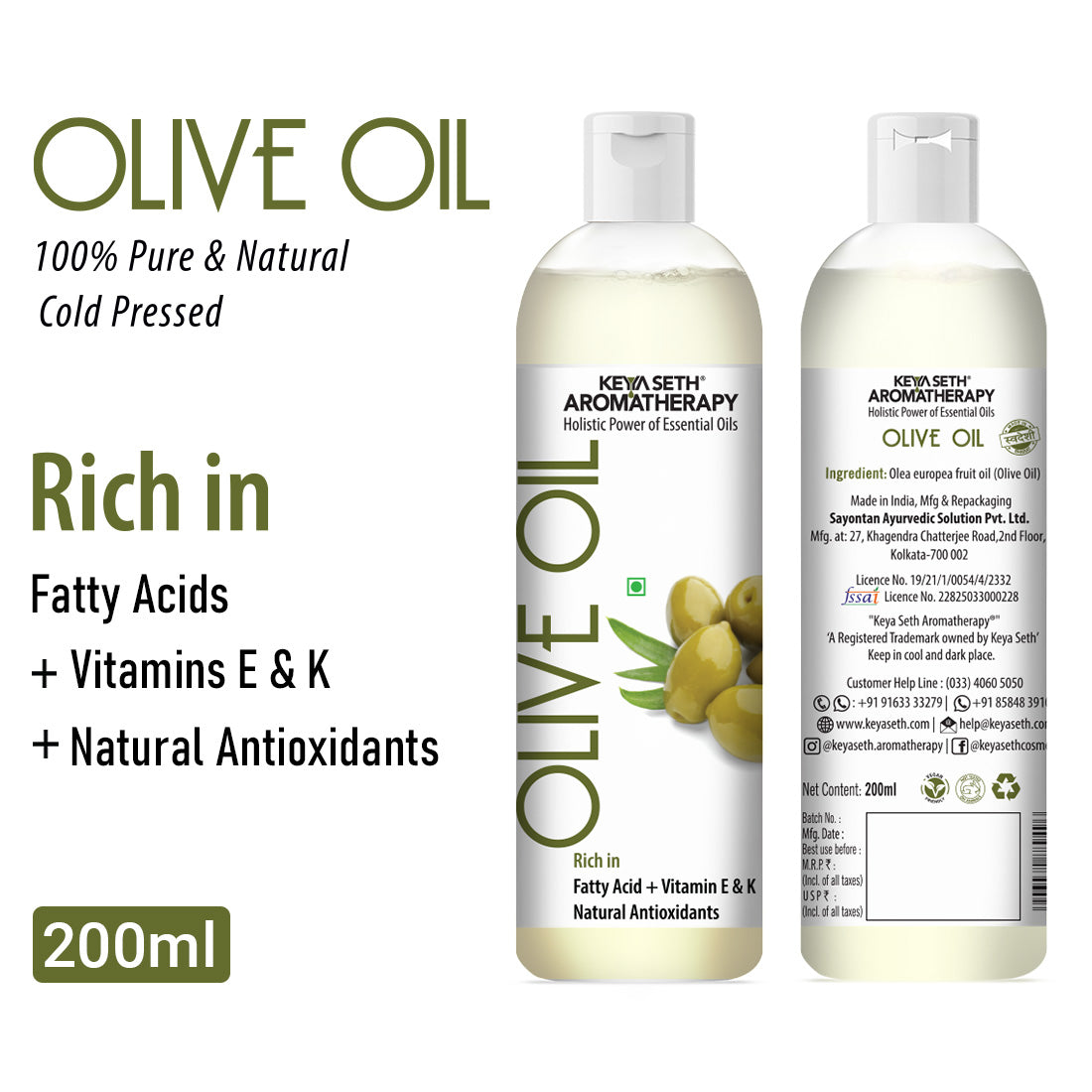 Cold Pressed Pure Olive Oil for Face, Body & Cooking Rich in Vitamin E & K 200ml