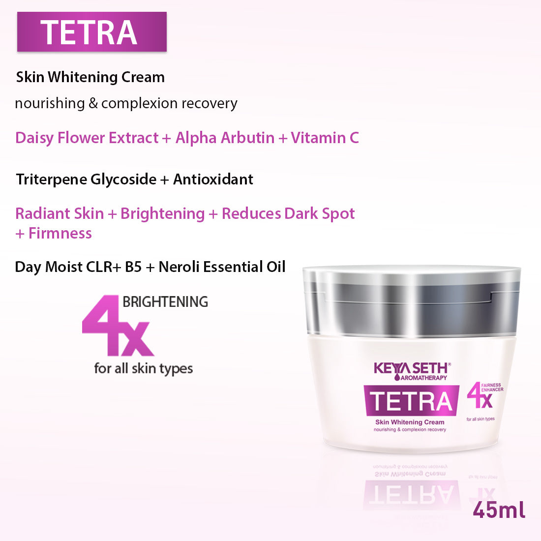 Tetra Skin Whitening Cream, Alpha Arbutin, Niacinamide, Vitamin C, Daisy Extract & Neroli for Radiant Glow & Luminous Complexion, Age Spots & Melasma 18g