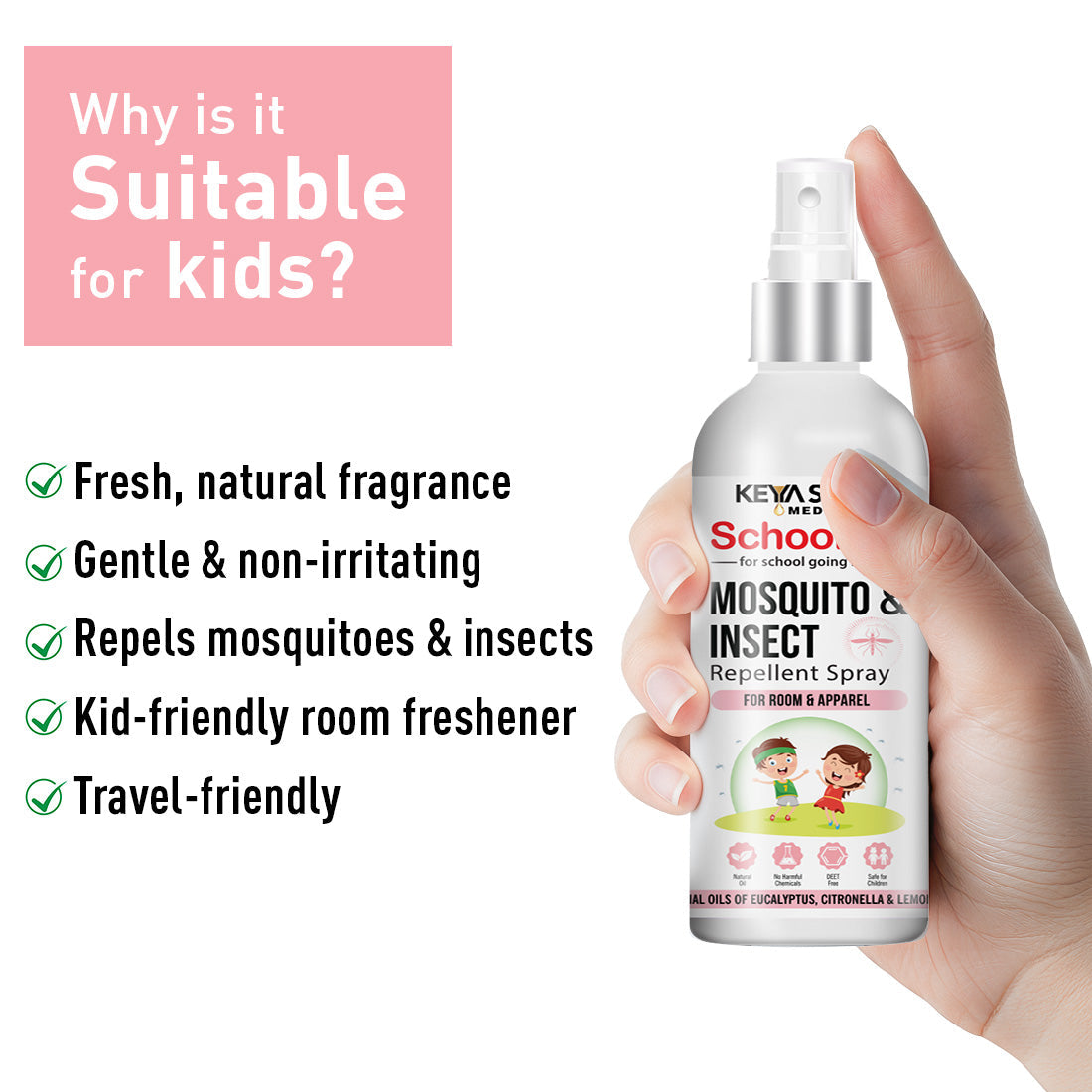 Schoolers Baby & Kids Mosquito - Insect Repellent Spray- Advanced Protection with Citronella, Eucalyptus & Lemongrass Oils For Room & Apparel 100ml