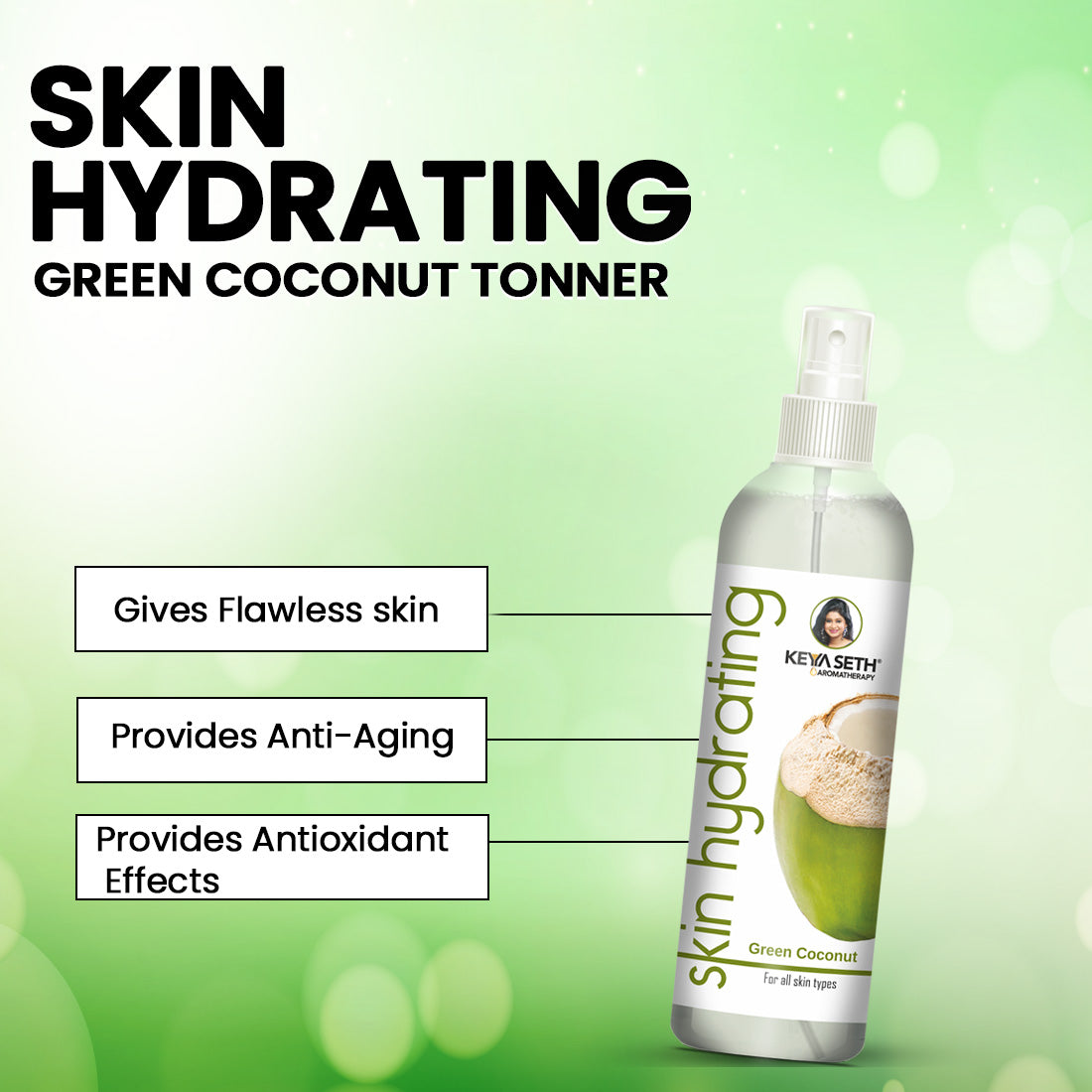 Skin Hydrating Green Coconut Toner, Combination & Dry Skin, Soothing, Antioxidants, Intense Moisture, Coconut Water Extract 250g