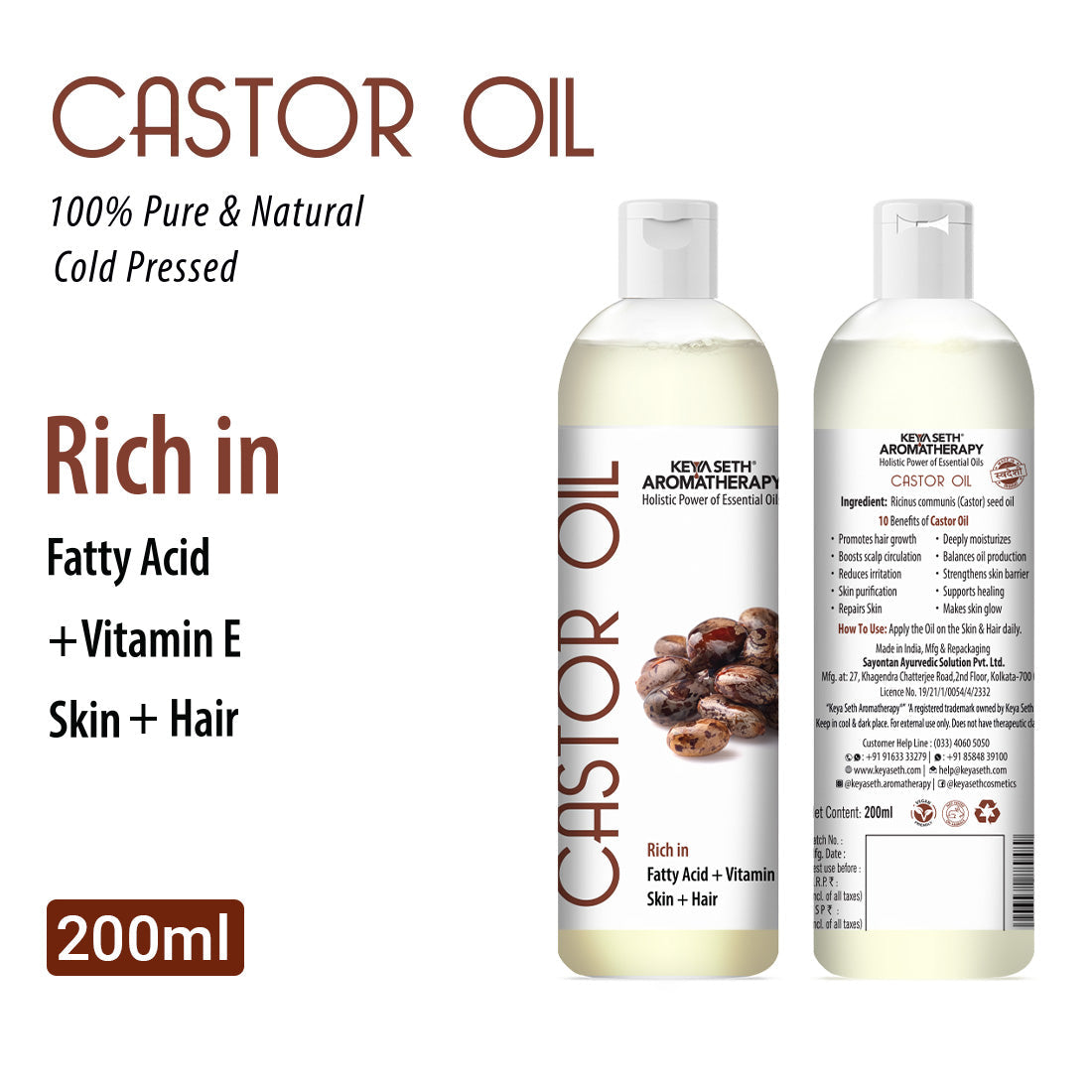 Cold Pressed Pure Castor Oil For Skin & Hair, Rich in Fatty Acid, Vitamin E 200ml