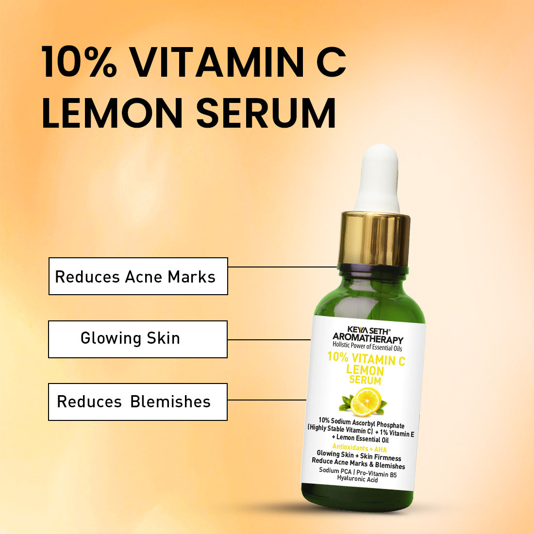 10% Vitamin C Lemon Serum, Sodium Ascorbyl Phosphate + Vitamin E & Lemon Essential Oil, Antioxidants + AHA, Glowing Skin & Firmness, Reduces Acne Marks 30ml