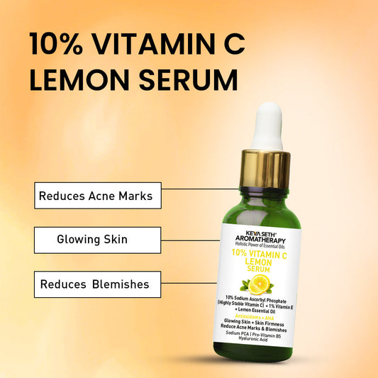 10% Vitamin C Lemon Serum, Sodium Ascorbyl Phosphate + Vitamin E & Lemon Essential Oil, Antioxidants + AHA, Glowing Skin & Firmness, Reduces Acne Marks 30ml