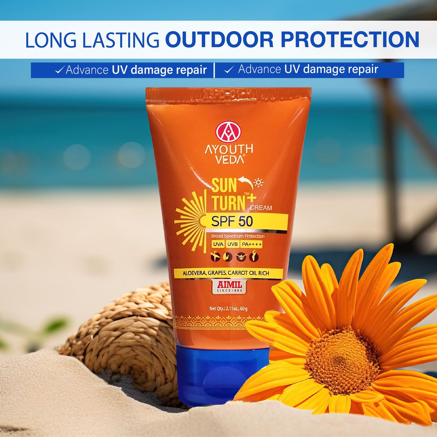 Sun Turn+ Cream SPF 50 with Hyaluronic Acid for Broad Spectrum UV Protection Net qty.- 60 g 60g