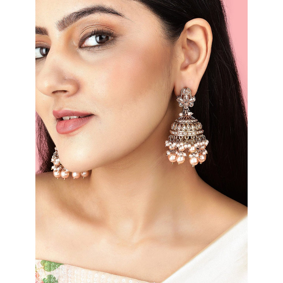 Rubans Gold Plated Handcrafted AD Studded & White Beads Jhumka Earrings Gold