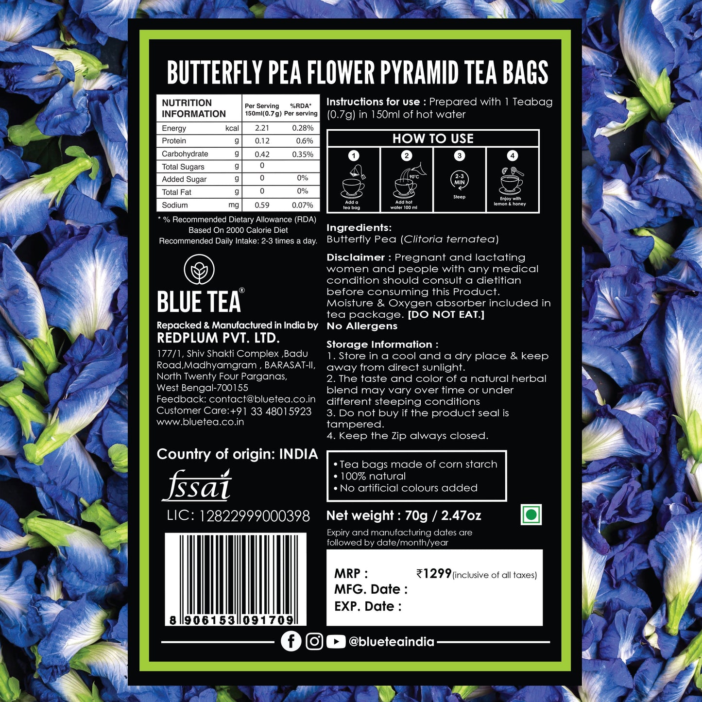 Butterfly Pea Flower Herbal Tea - 100 Teabags 100 Tea Bags