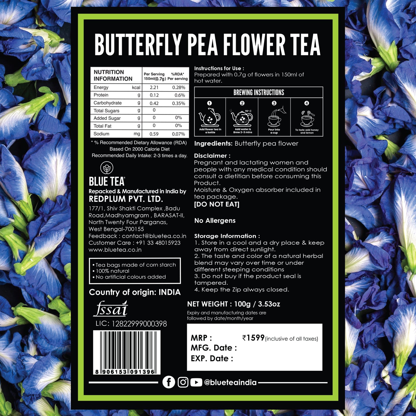 Butterfly Pea Flower Herbal Tea - 100g (200 Cups) 100G