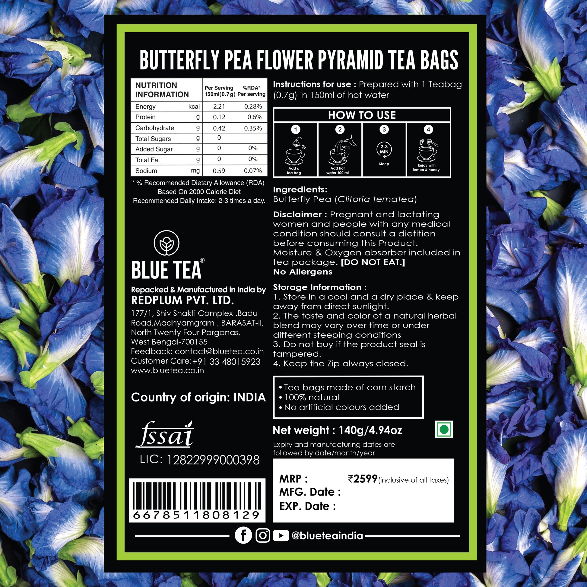 Butterfly Pea Flower Herbal Tea - 200 Teabags 200 Tea Bags