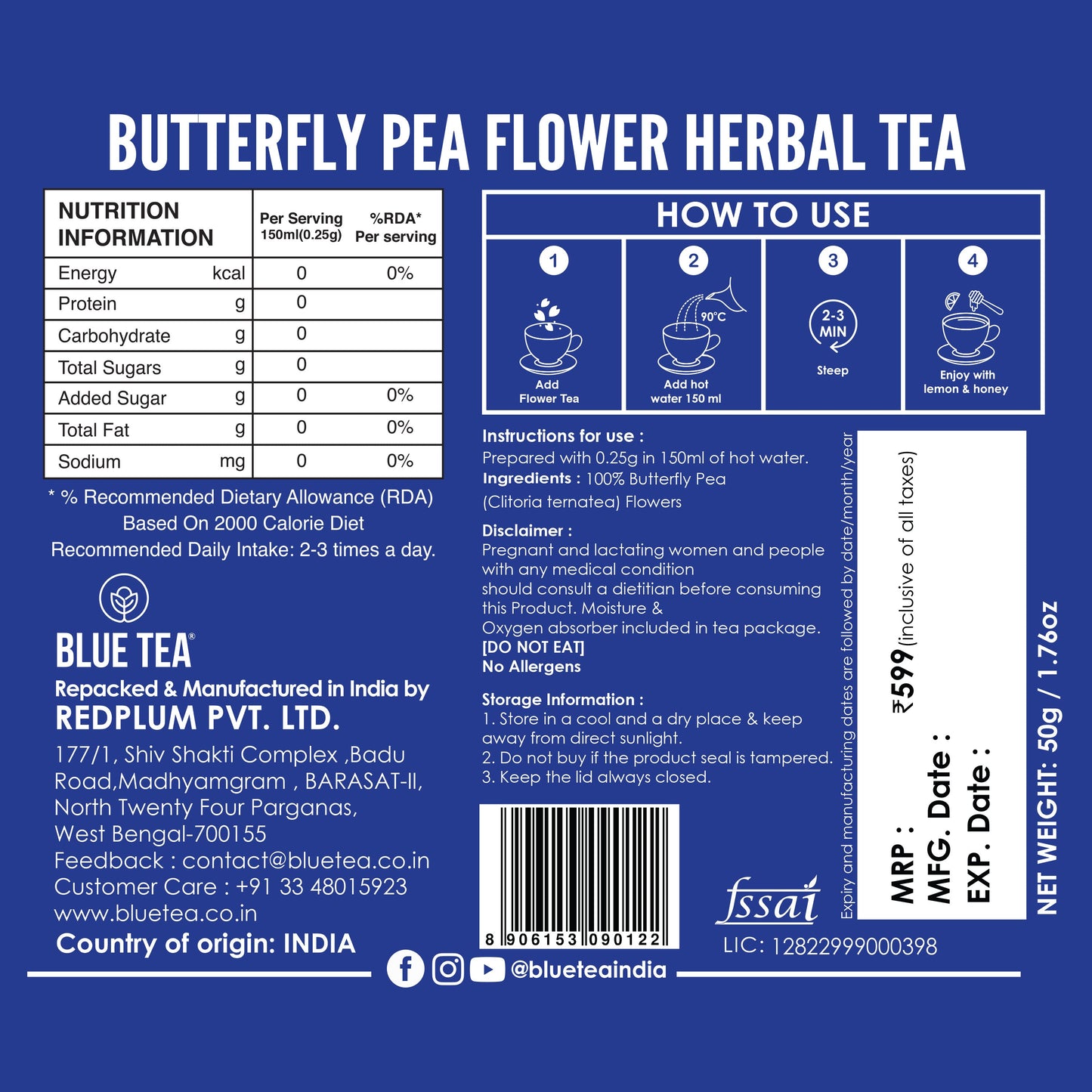 Butterfly Pea Flower Herbal Tea  - 50g (100 Cups) 50G