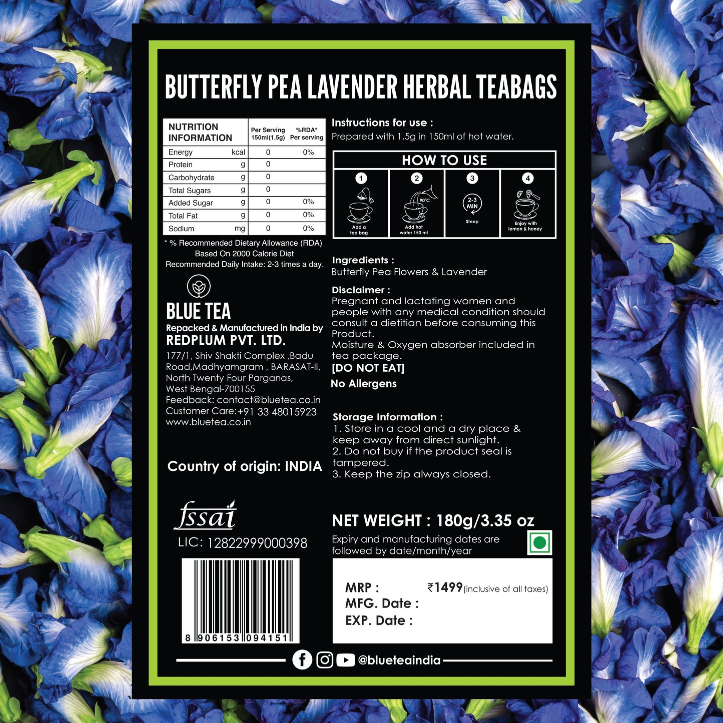 Butterfly Pea Lavender Herbal Tea - 120 Teabags 120 Tea Bags