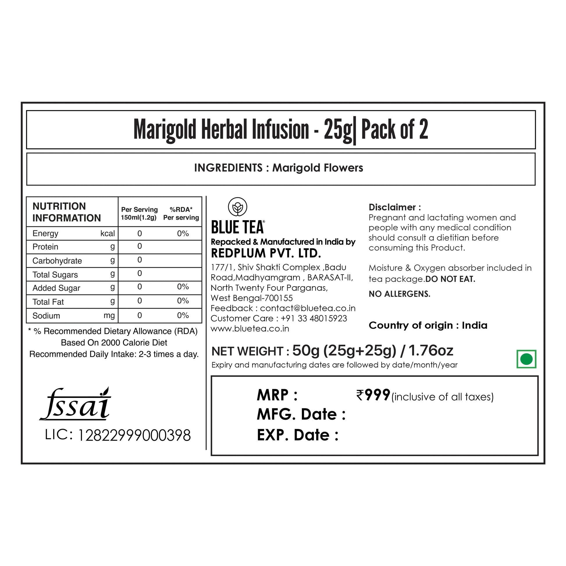 Marigold Herbal Tea - 25g| Pack of 2 25G