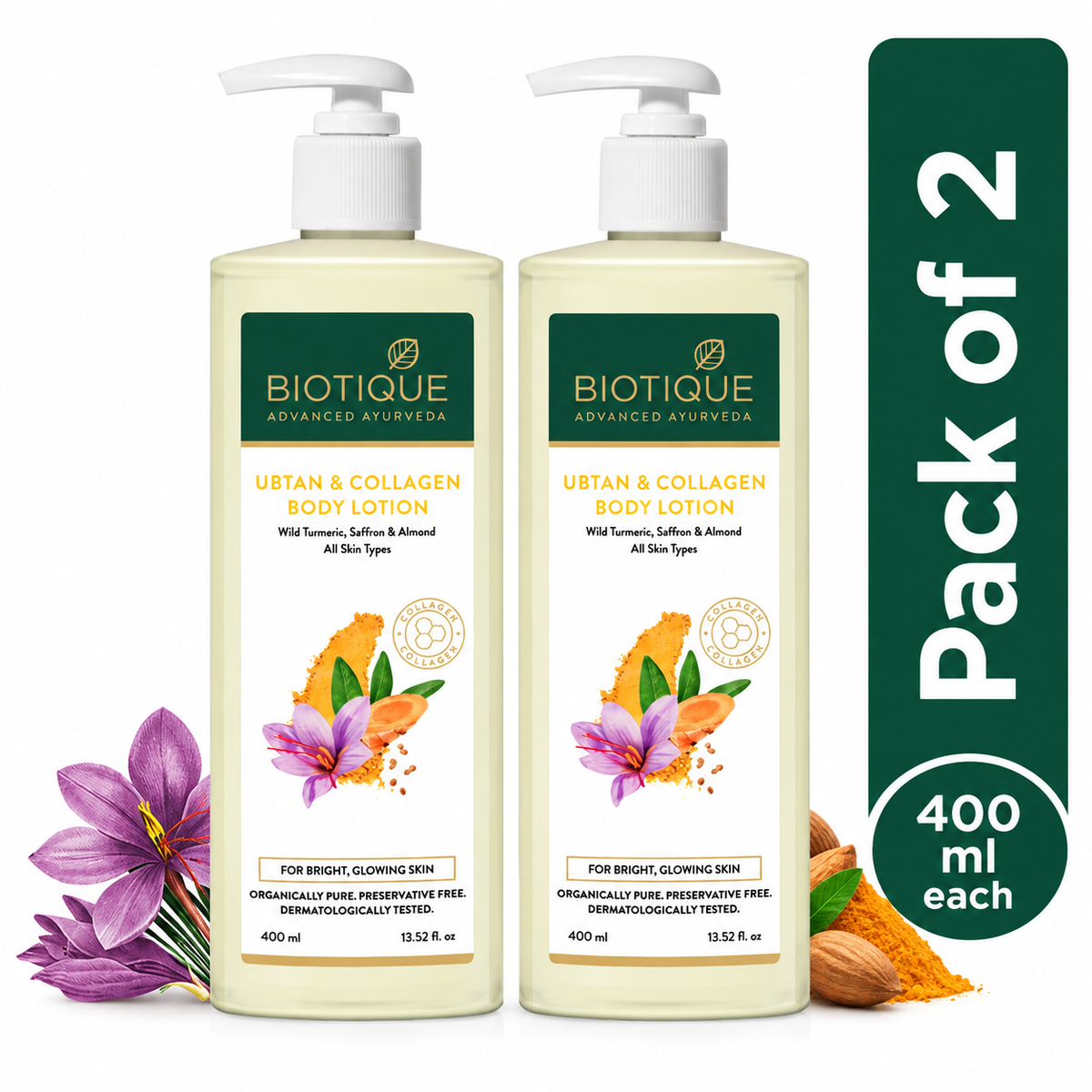 【Biotique】 BIOTIQUE Ubtan & Collagen Body Lotion 400ml (Pack of 2)｜ウブタン コラーゲン ボディローション｜400ml×2本