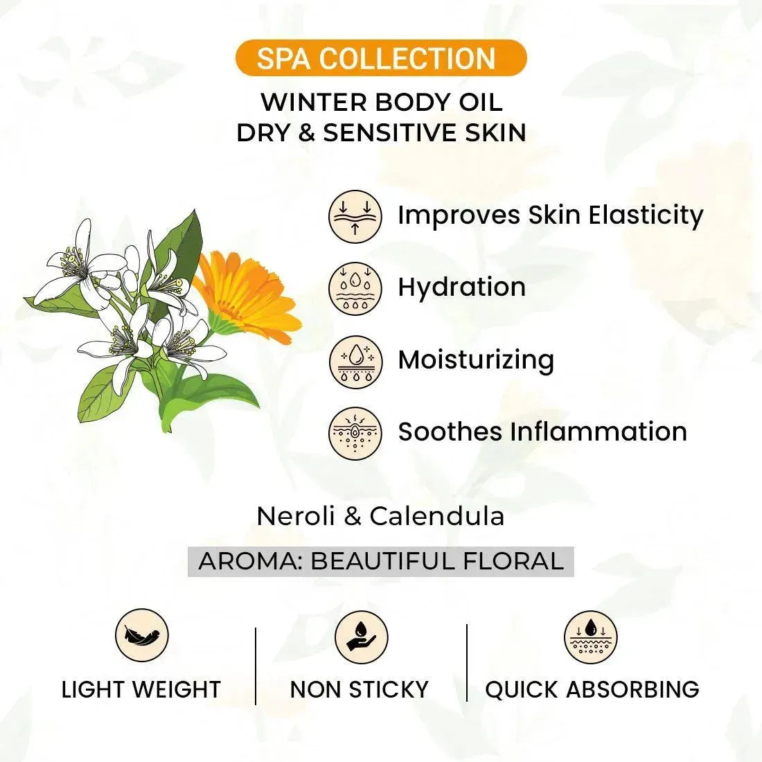 Neroli & Calendula Winter Body Oil for Dry & Sensitive Skin, Hydrating, Moisturizing, Soothes Inflammation, Improves Skin Elasticity Light, Non-Sticky 200ml