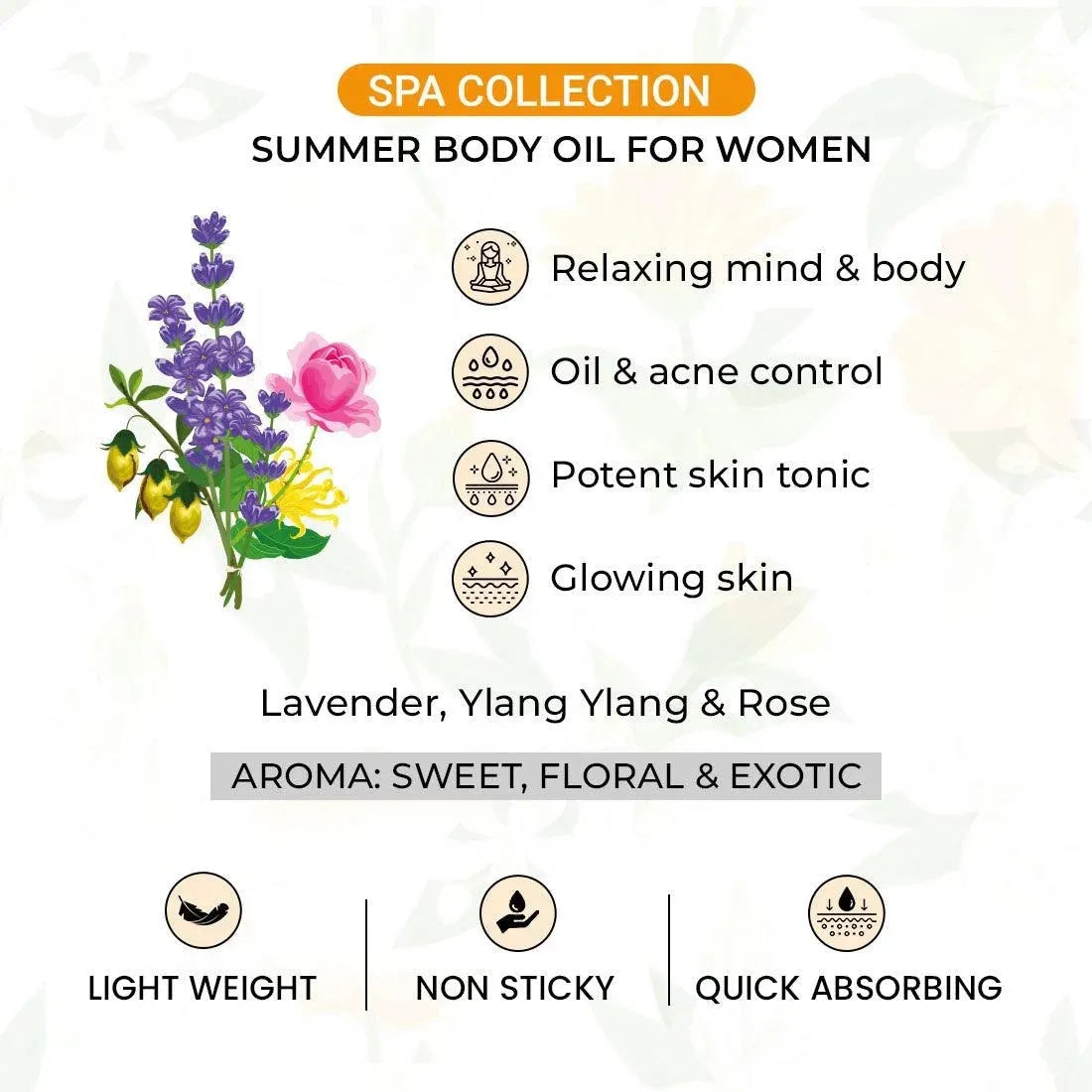 Relaxing Floral Summer Body Oil Non-Sticky & Quick Absorbing for Women, Potent Skin tonic for Glowing Skin, Oil & Acne Control, Relaxing Mind & Body 200ml