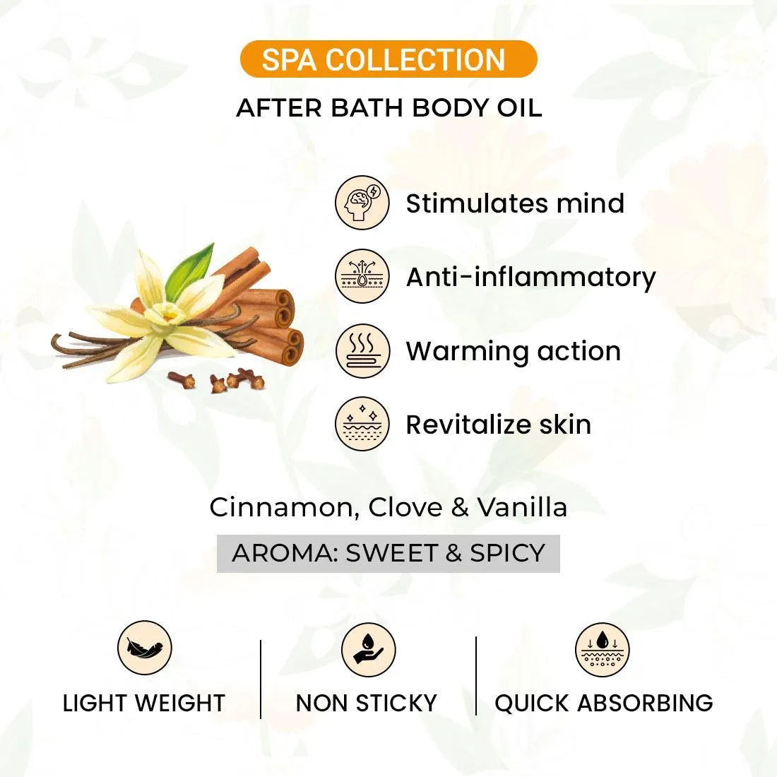 Spicy Vanilla After Bath Body Oil Light, Non-Sticky & Quick Absorbing, Stimulates Mind, Anti Inflammatory, Warming Action & Revitalize Skin 200g