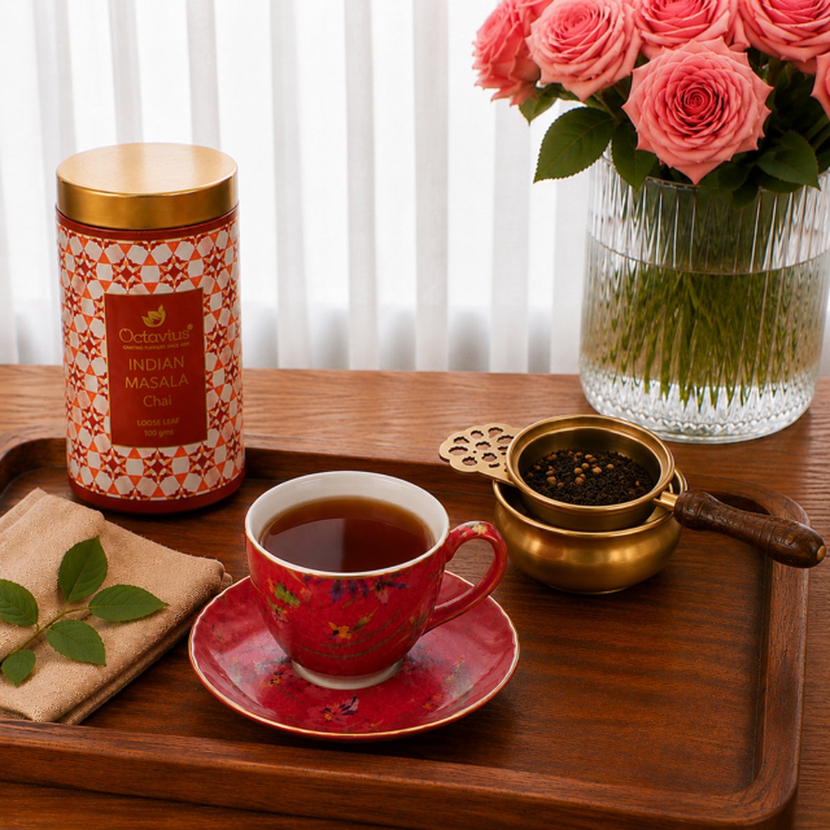 【Octavius】 Brass Tea Strainer with Wooden Handle & Holder｜真鍮 ティーストレーナー 木製ハンドル・ホルダー付き