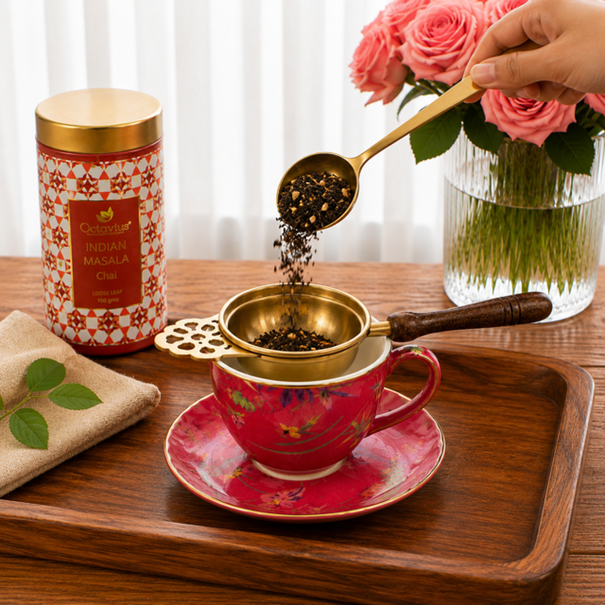 【Octavius】 Brass Tea Strainer with Wooden Handle & Holder｜真鍮 ティーストレーナー 木製ハンドル・ホルダー付き