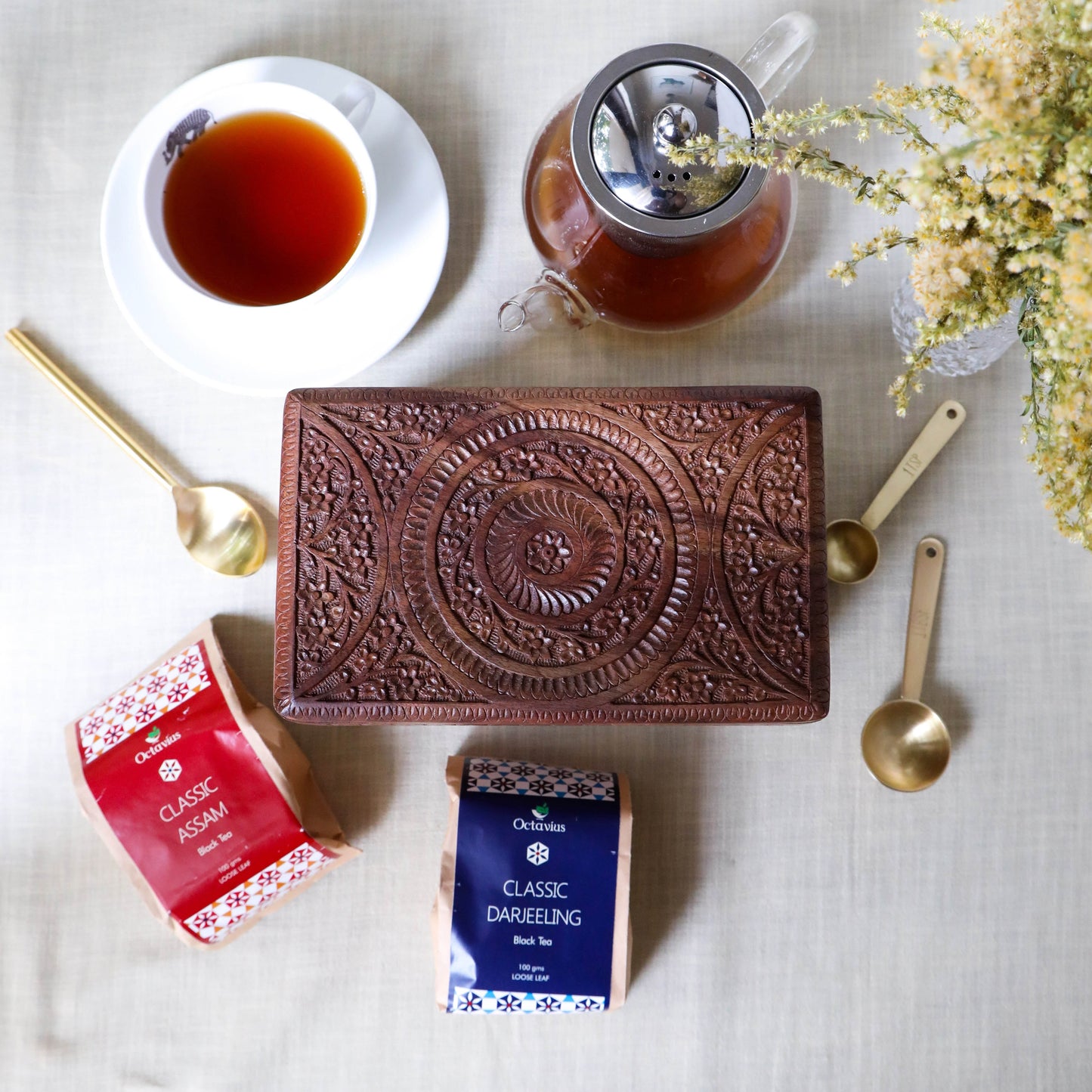 Indian Tea Collection - Premium Black Whole Leaf Teas In Handcrafted Sheesham Wood Box 2560g