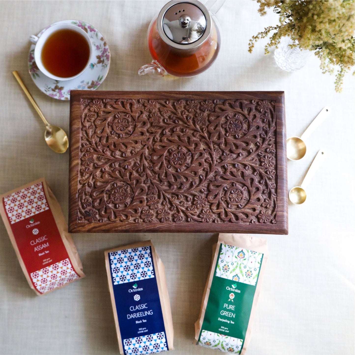Indian Tea Collection - Premium Black & Green Whole Leaf Teas In Handcrafted Sheesham Wood Box 2560g