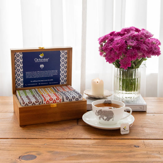 Assortment of fine teas - 90 teabags in Floral Cutwork Wooden box 90teabags