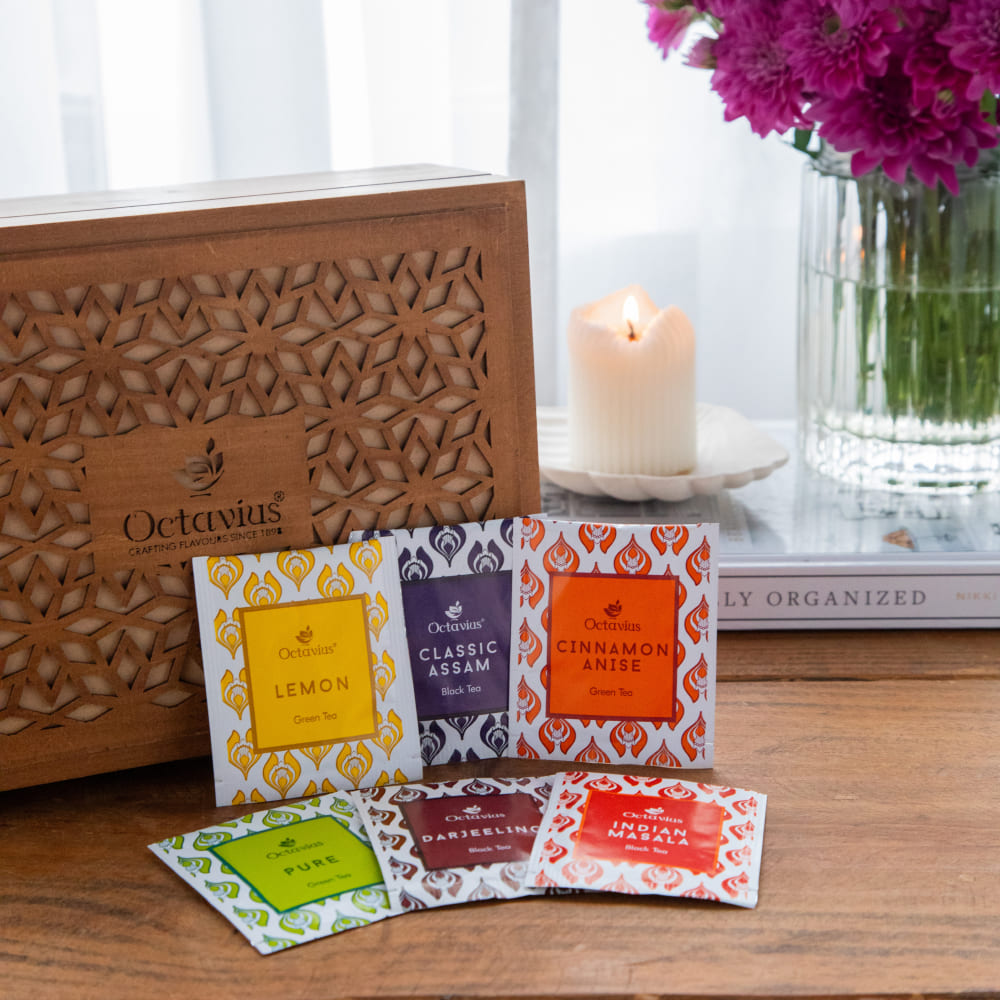 Assortment of fine teas - 90 teabags in Floral Cutwork Wooden box 90teabags