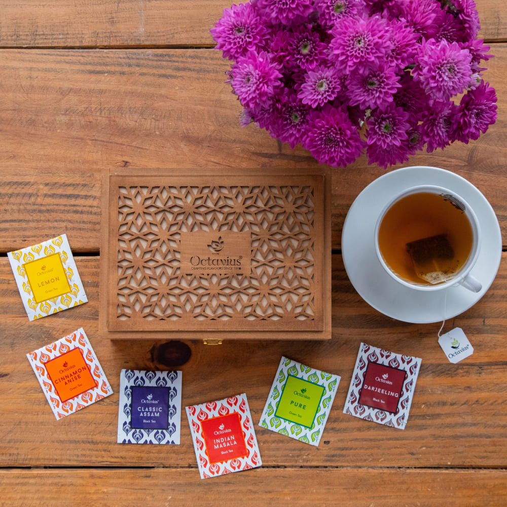 Assortment of fine teas - 90 teabags in Floral Cutwork Wooden box 90teabags