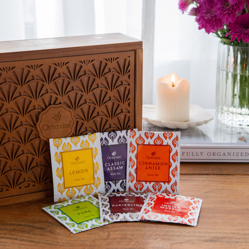 Assortment of fine teas - 90 teabags in Tropical Palm cutwork wooden box with a sliding lid 90teabags