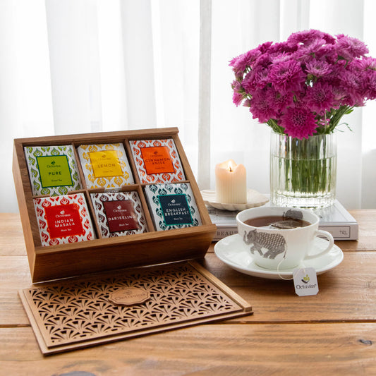 Assortment of fine teas - 90 teabags in Tropical Palm cutwork wooden box with a sliding lid 90teabags