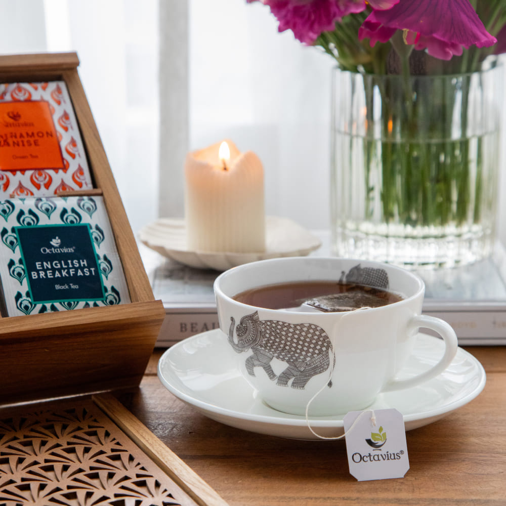 Assortment of fine teas - 90 teabags in Tropical Palm cutwork wooden box with a sliding lid 90teabags