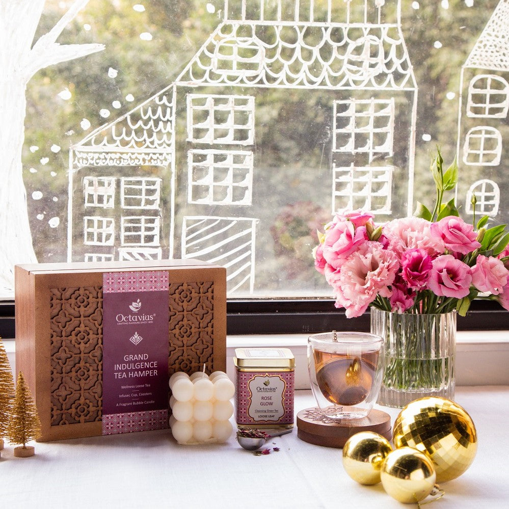 Grand Indulgence Tea Hamper (1 wellness tea, infuser, cup, coasters & organic bubble candle) 1620g