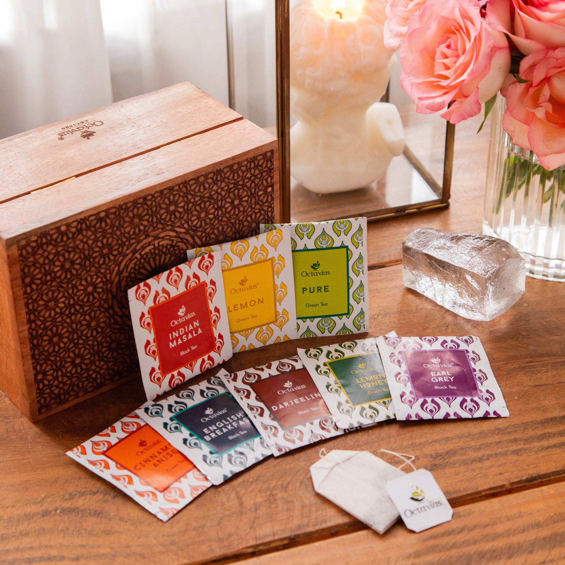 Tea Explorers’ Collection in Heritage Mandala Wooden Caddy – 50 Enveloped Teabags 50 Tea Bags