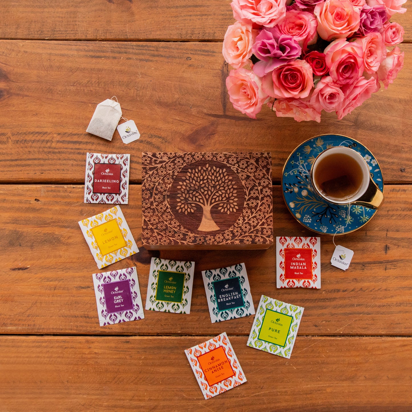 Tea Explorers’ Collection in Tree of Life Wooden Caddy (50 Enveloped Teabags) 50 Tea Bags