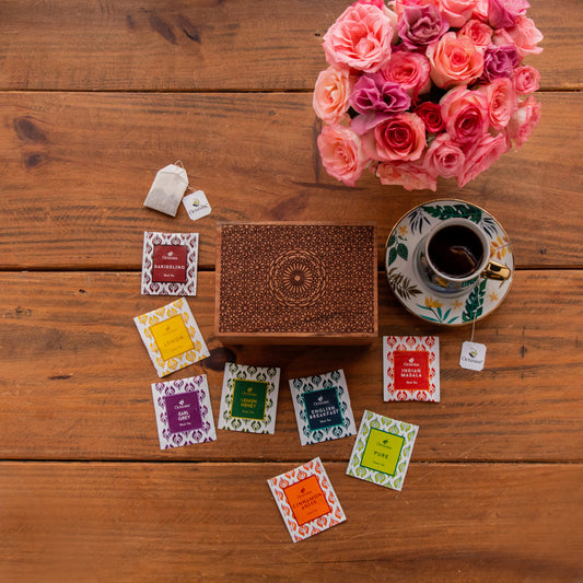Tea Explorers’ Collection in Heritage Mandala Wooden Caddy – 50 Enveloped Teabags 50 Tea Bags