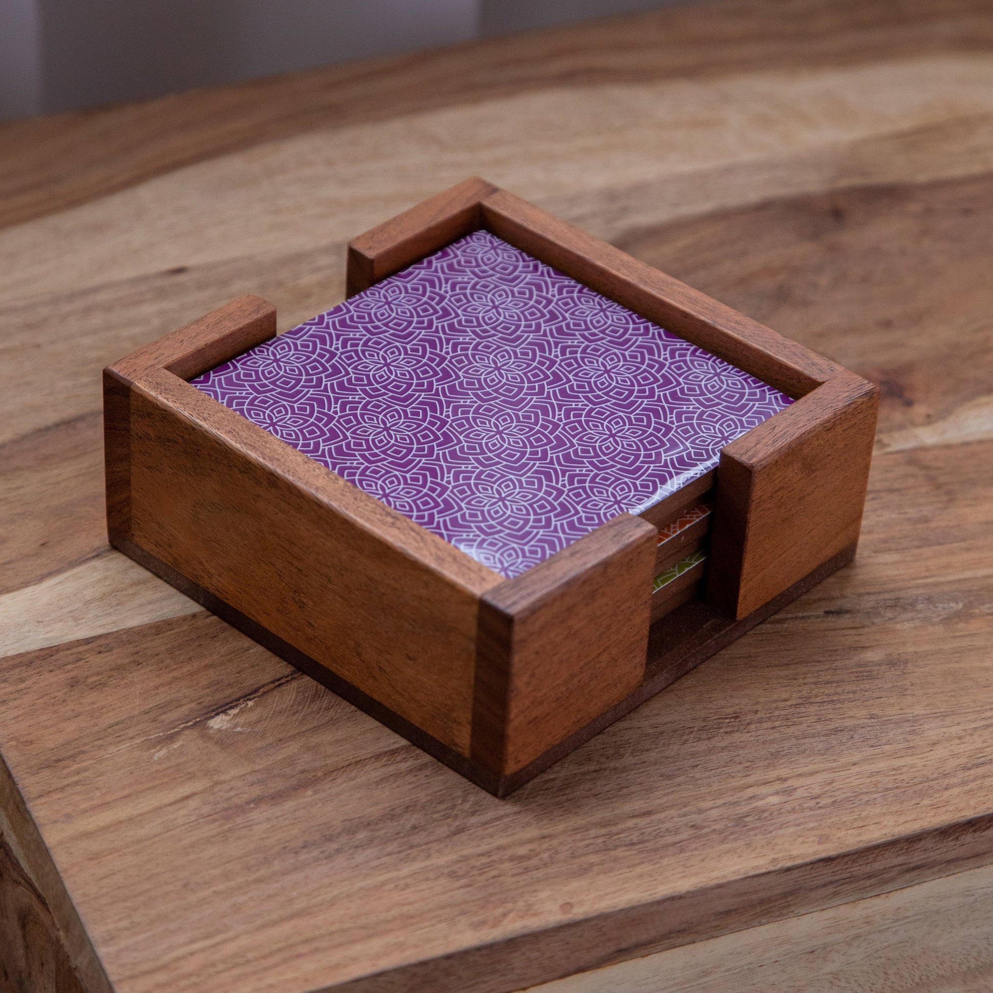 Printed Wooden Coasters With Holder- Set of Six