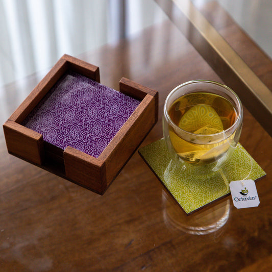 Printed Wooden Coasters With Holder- Set of Six