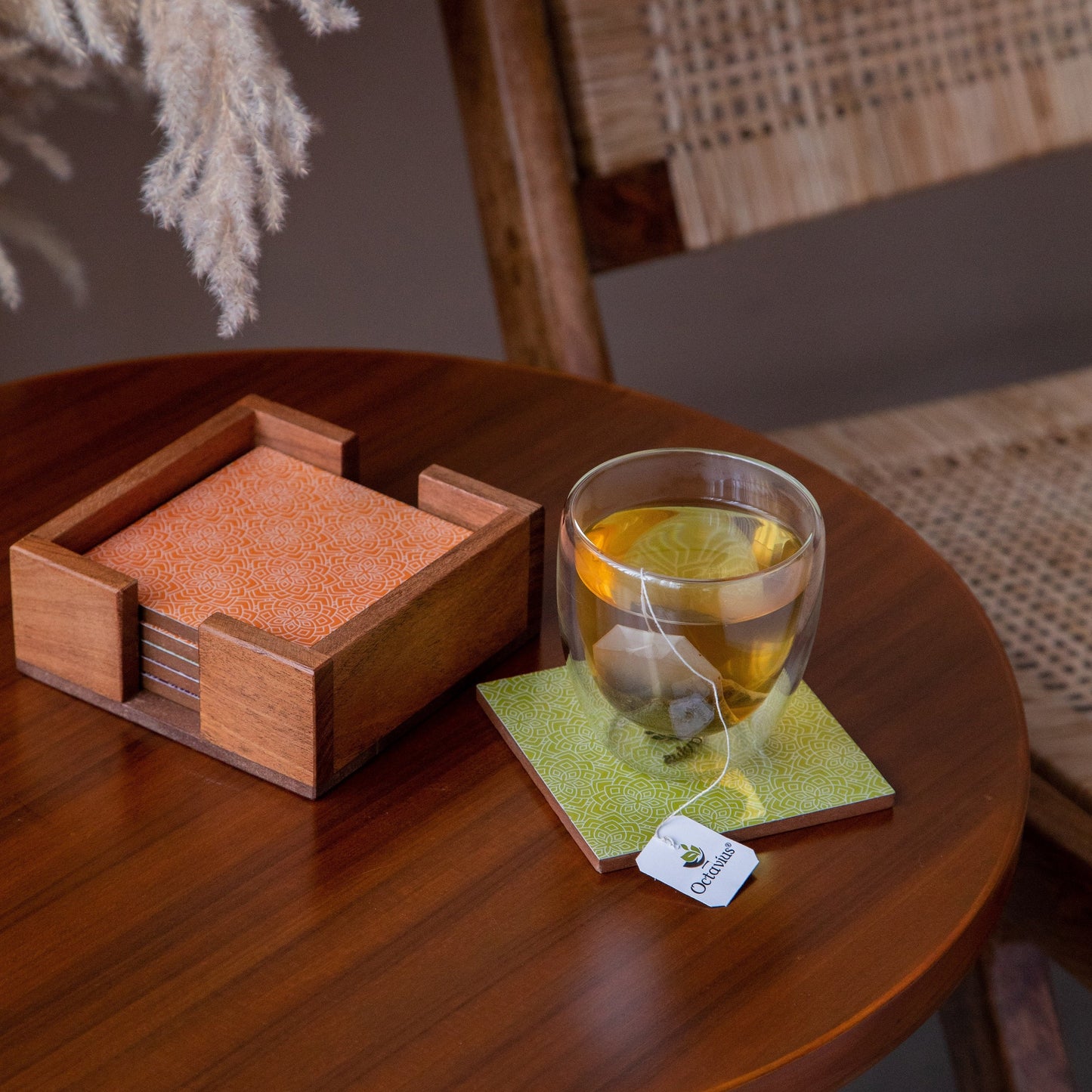 Printed Wooden Coasters With Holder- Set of Six