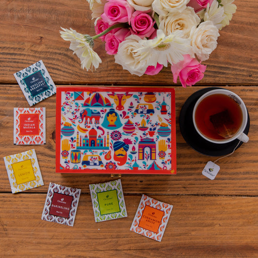 Assortment of Fine Teas - 90 Black & Green Teabags in Handcrafted Wooden Box with Traditional Indian Vibrant Desi Print 2g