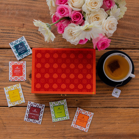 Assortment of Fine Teas - 90 Black & Green Teabags in Handcrafted Wooden Box with Traditional Indian Lotus Print 2g