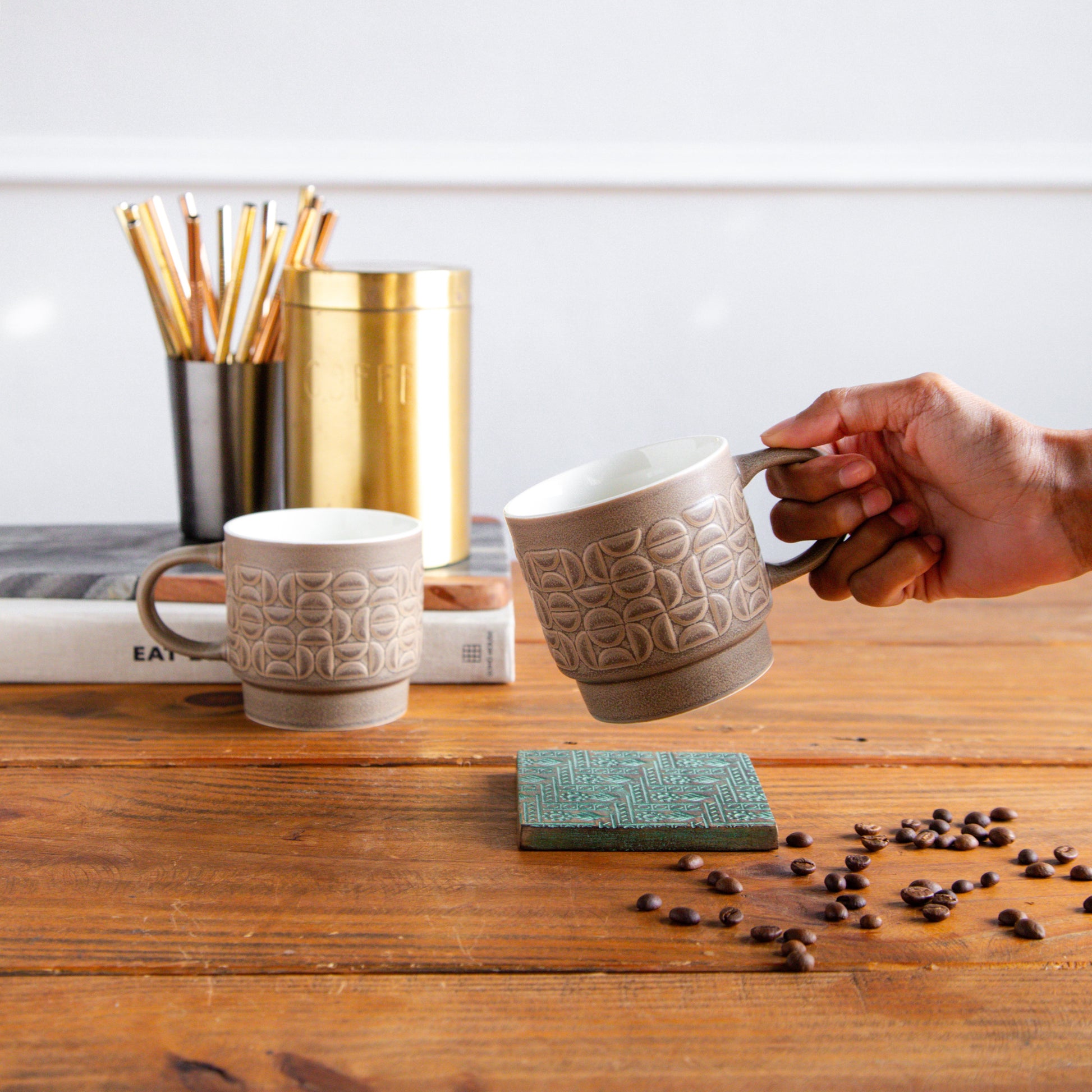 TerraCraft Collection Mocha Earth Ceramic Mug – 380 ml (Set of 2, Brown) 380ml