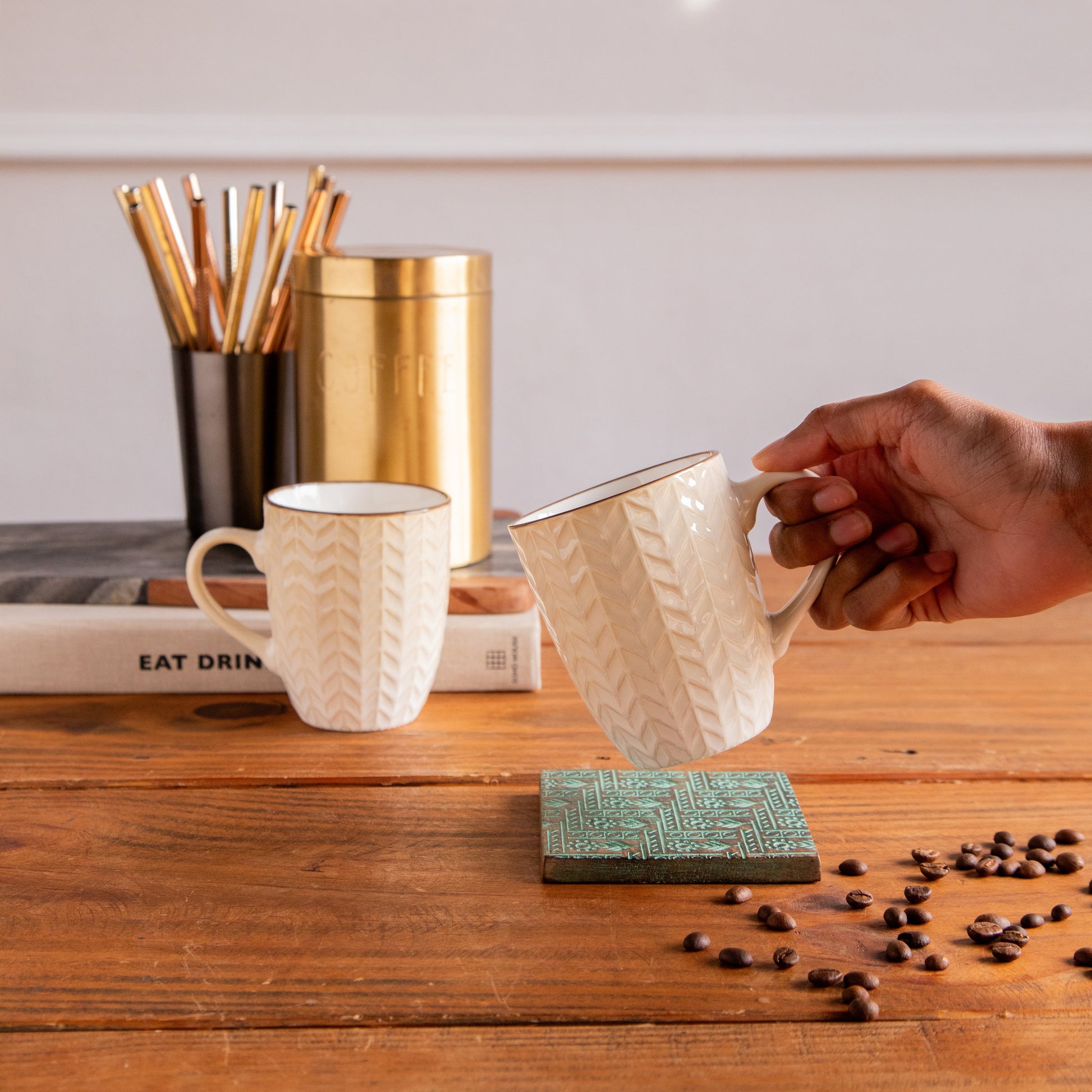 Luxe Weave Coffee Mug – Ivory Elegance (Set of 2) – 300 ml 300ml