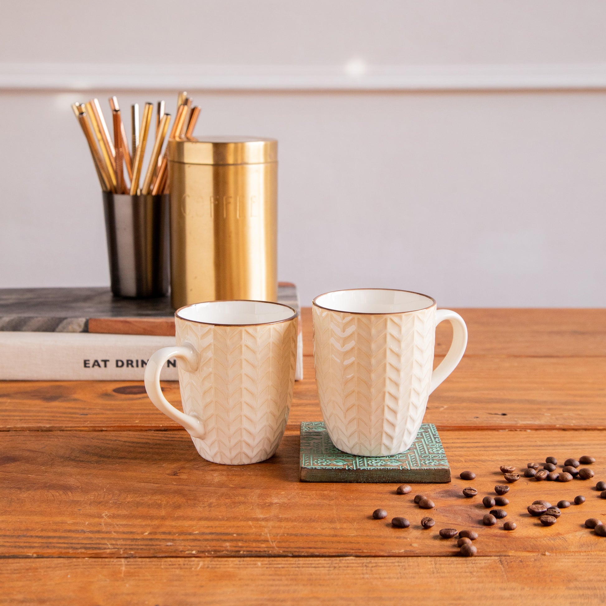 Luxe Weave Coffee Mug – Ivory Elegance (Set of 2) – 300 ml 300ml