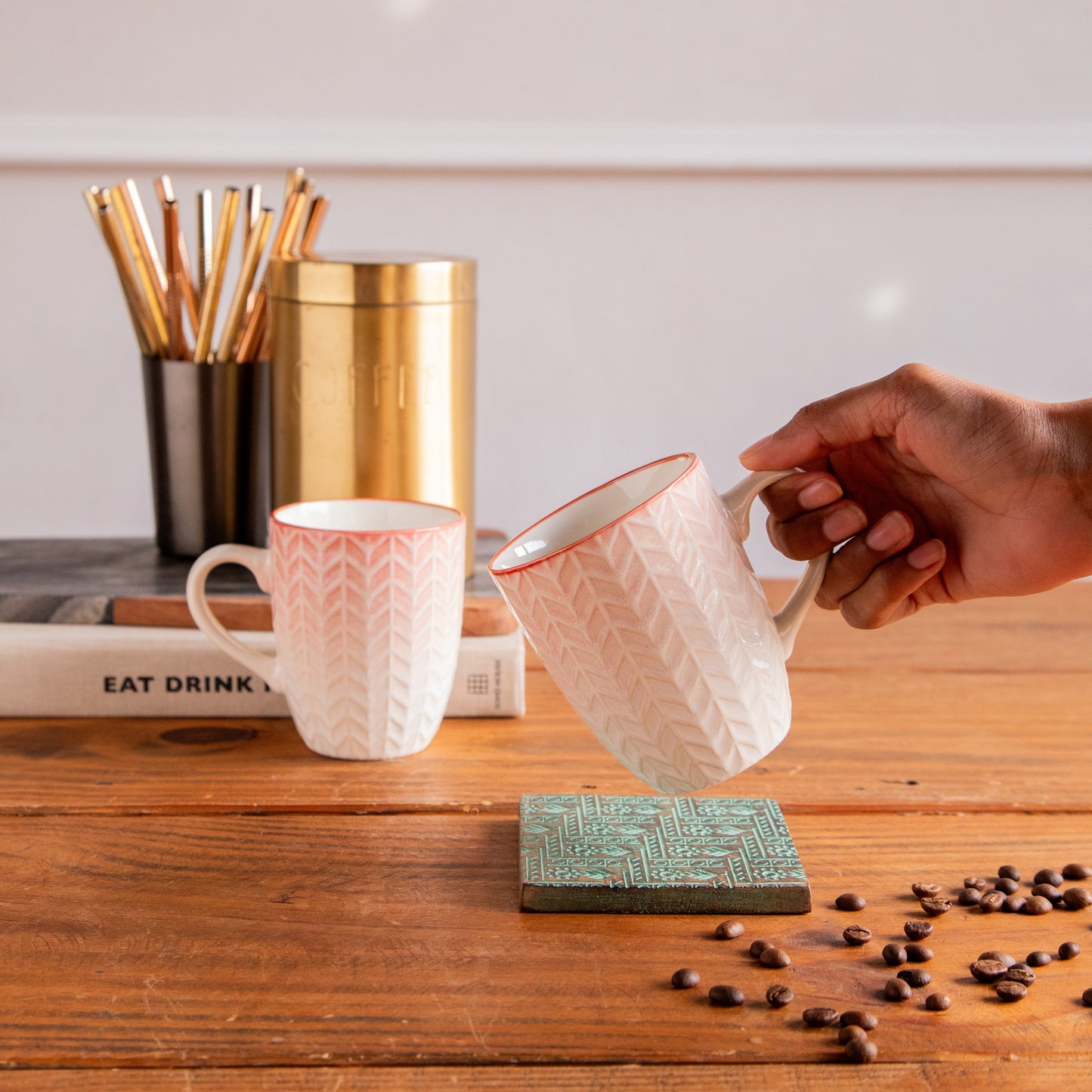 Luxe Weave Coffee Mug – Sunset Coral (Set of 2) – 300 ml 300ml