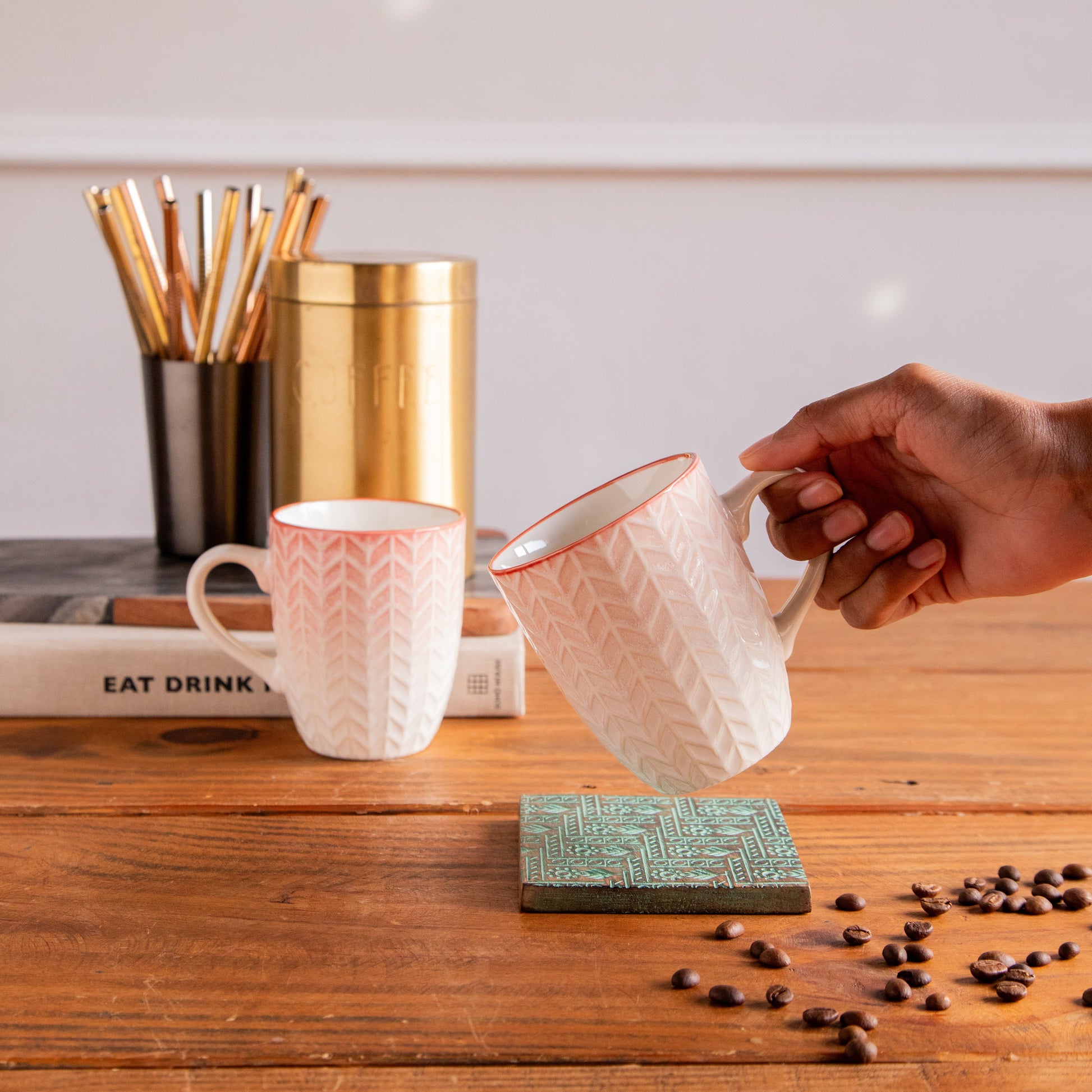 Luxe Weave Coffee Mug – Sunset Coral (Set of 2) – 300 ml 300ml