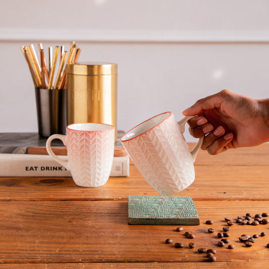 Luxe Weave Coffee Mug – Sunset Coral (Set of 2) – 300 ml 300ml
