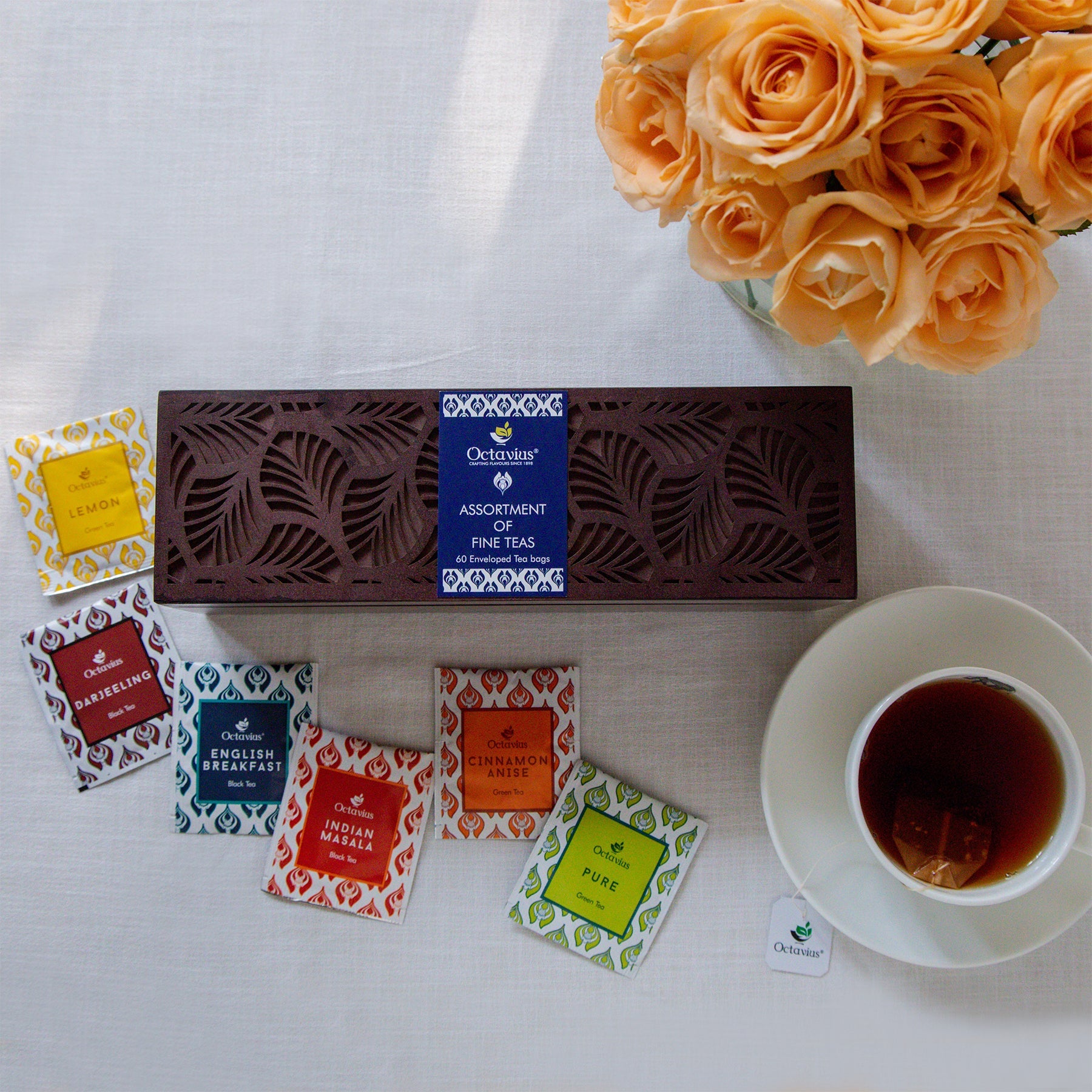 Assortment of Fine Teas- 60 Teabags in Leaf Cutting Wooden Box 60teabags