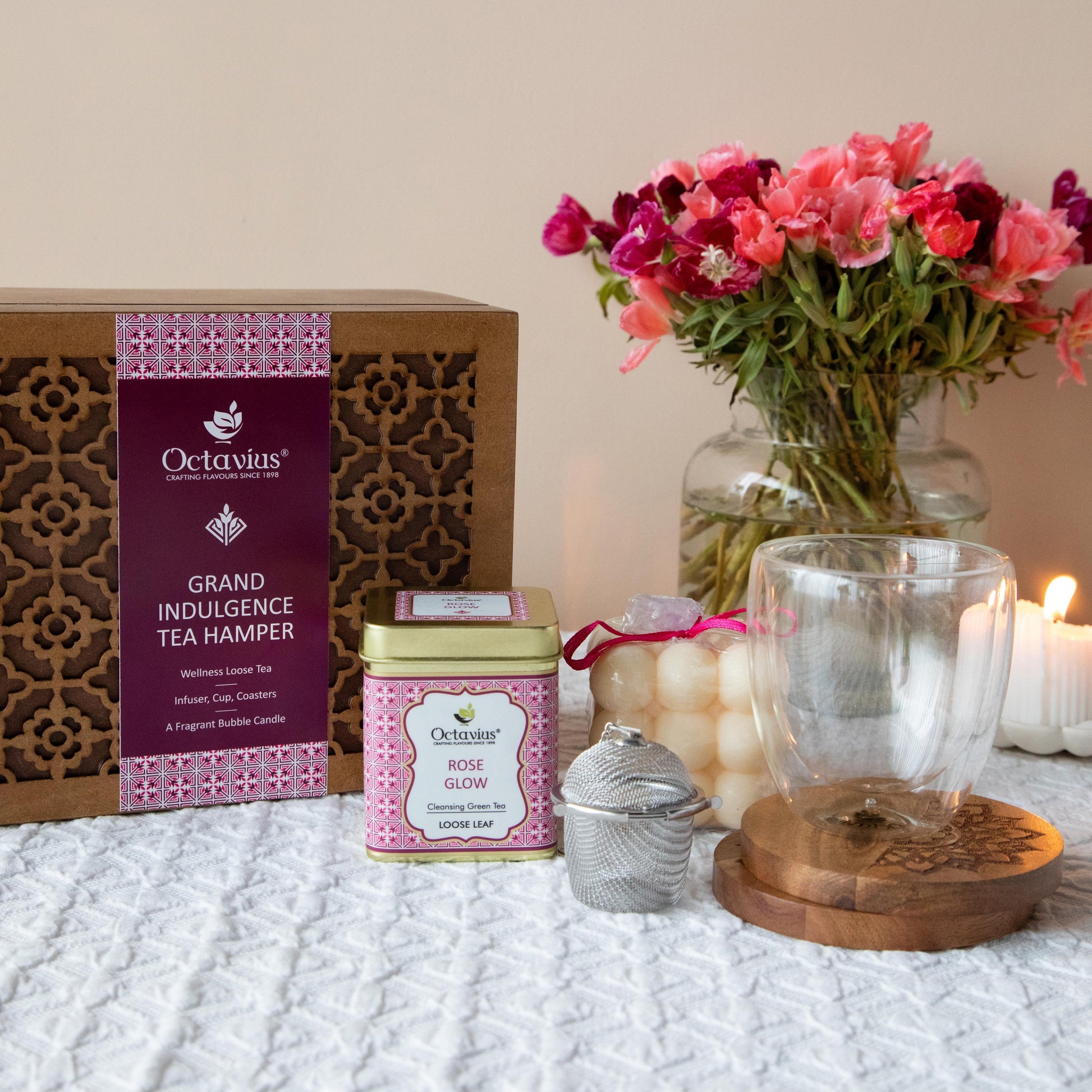 Grand Indulgence Tea Hamper (1 wellness tea, infuser, cup, coasters & organic bubble candle) 1620g