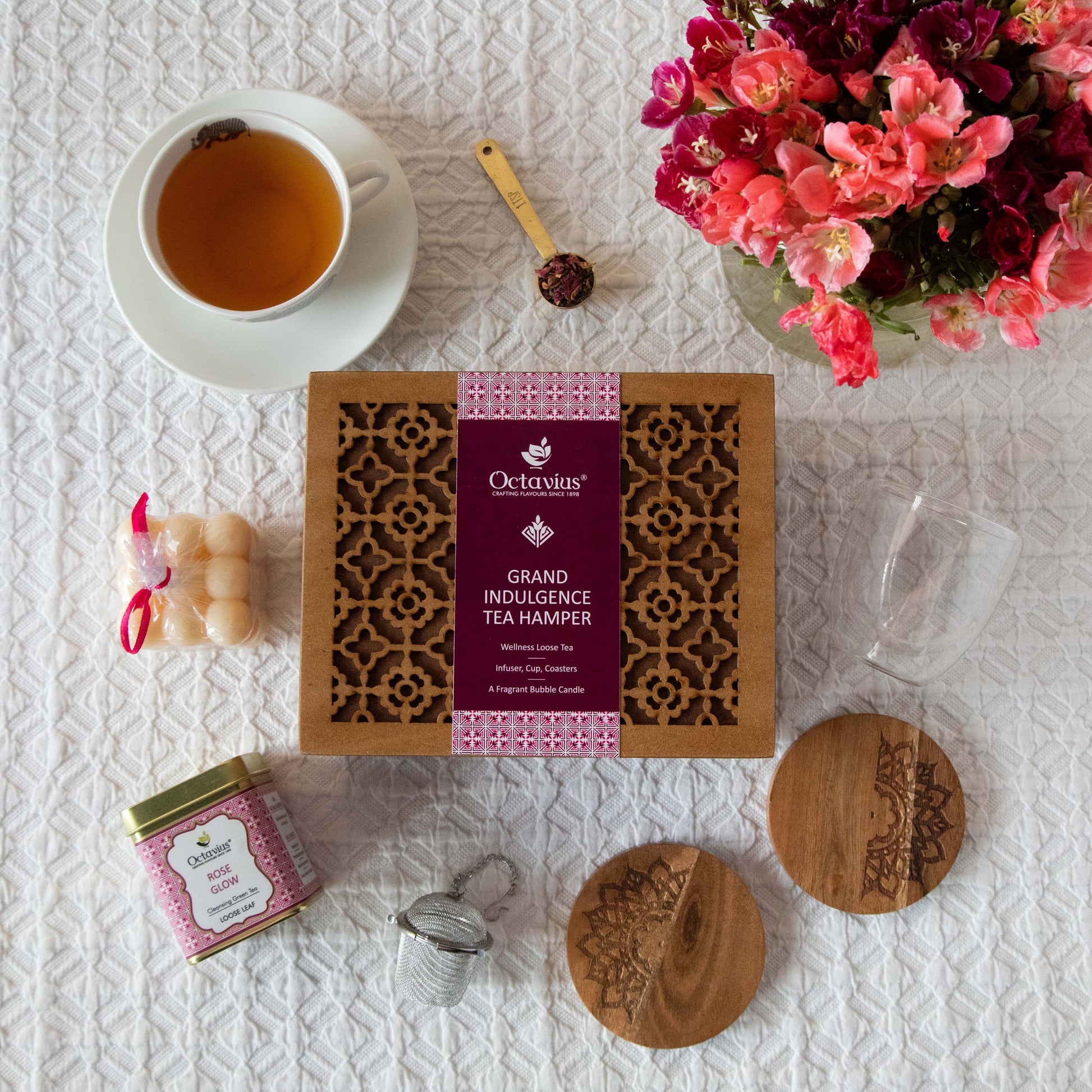 Grand Indulgence Tea Hamper (1 wellness tea, infuser, cup, coasters & organic bubble candle) 1620g