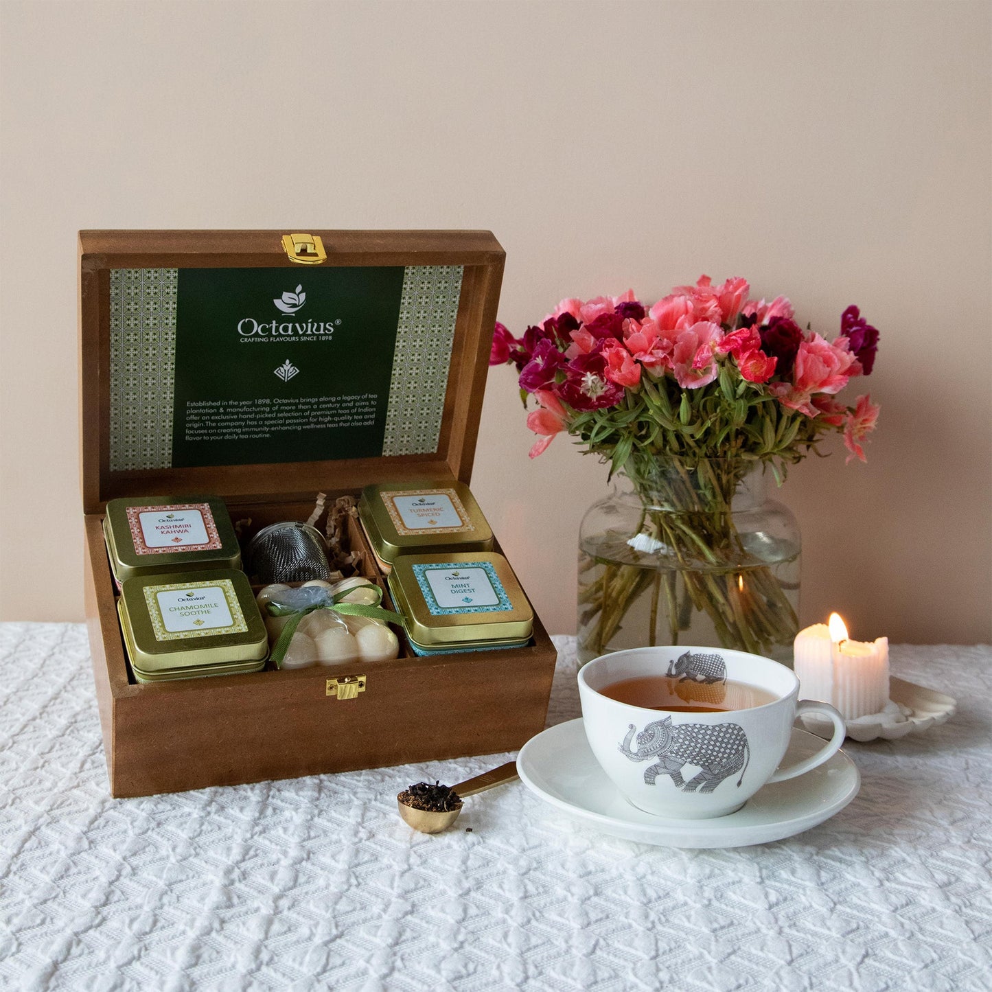 Ambrosial Tea Hamper (4 Wellness Teas, Organic Bubble candle & Infuser) 1200g