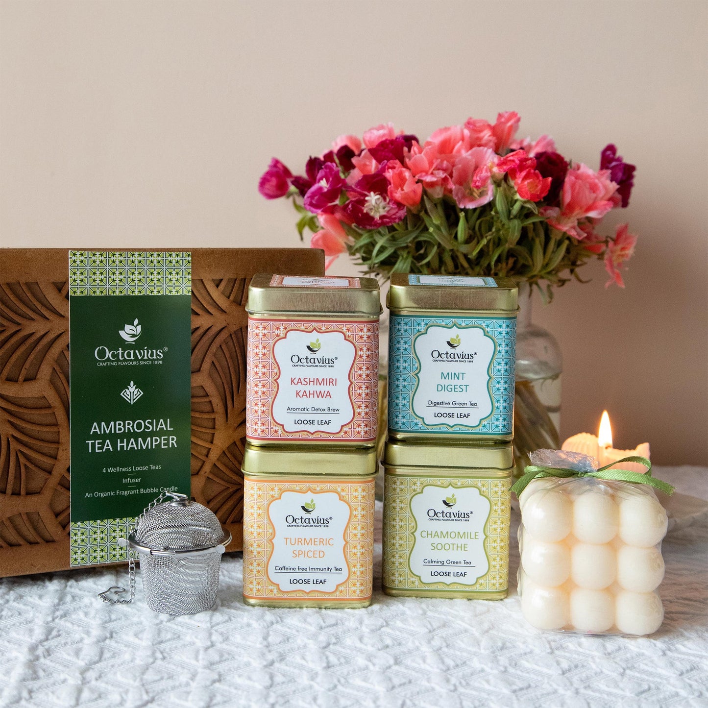 Ambrosial Tea Hamper (4 Wellness Teas, Organic Bubble candle & Infuser) 1200g