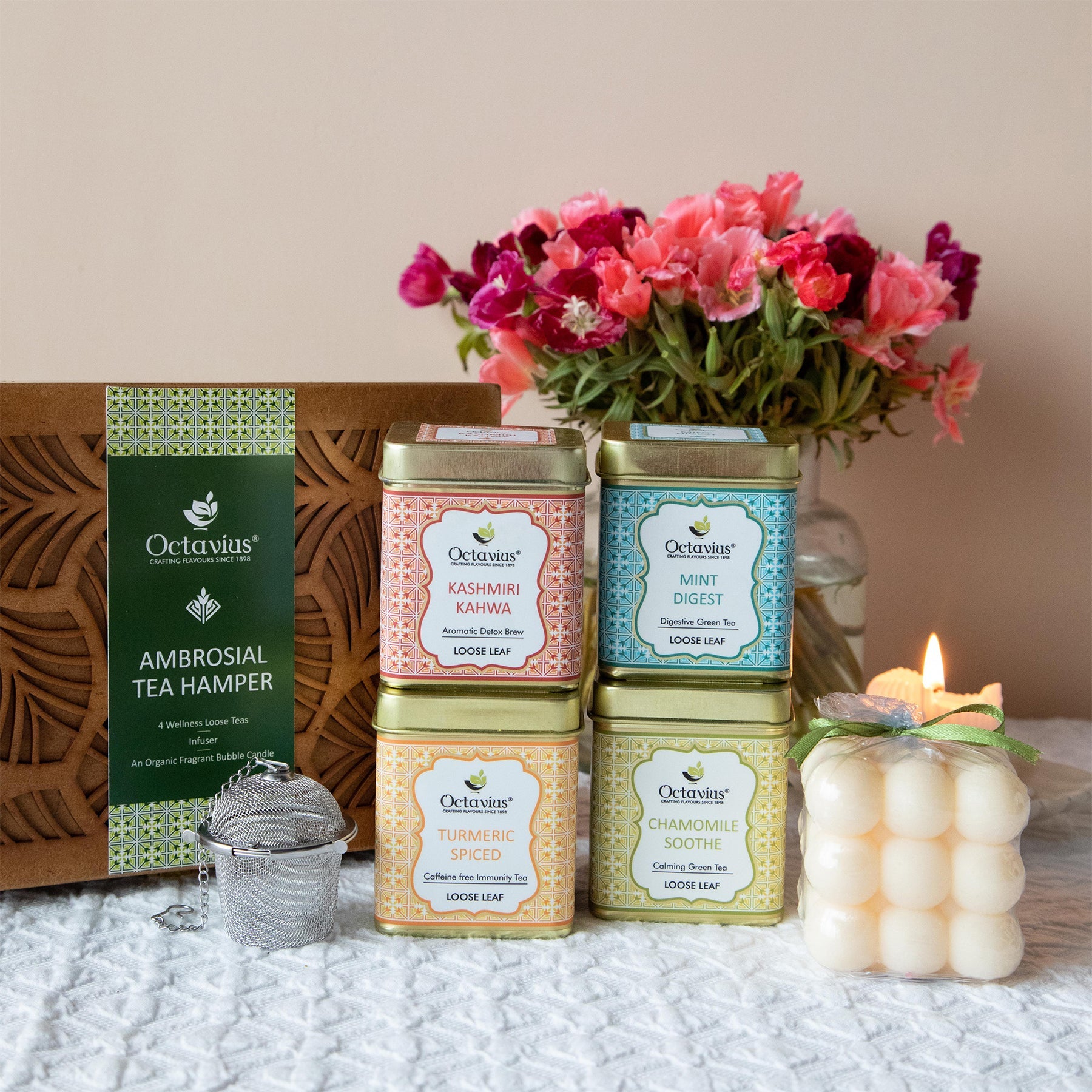 Ambrosial Tea Hamper (4 Wellness Teas, Organic Bubble candle & Infuser) 1200g